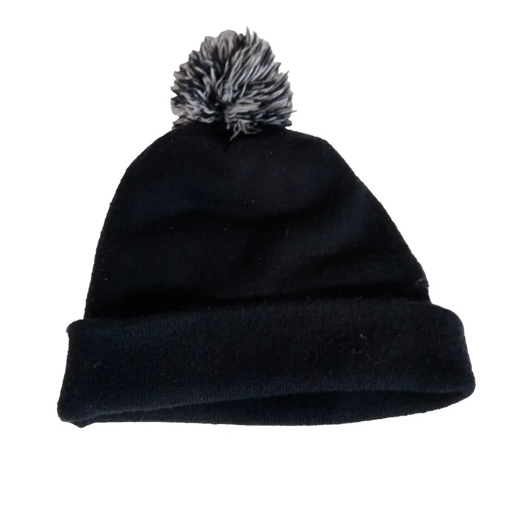 Nike Youth Knit Pom Beanie – Black & White Hat w/ Bold Logo – Sports Cap